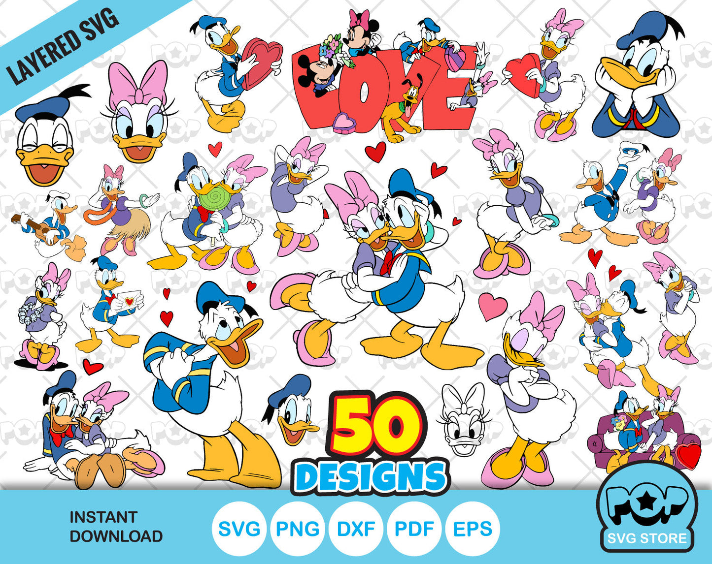 Donald and Daisy Duck Valentine Day clipart bundle, Daisy Duck Valentines Day SVG cut files for Cricut / Silhouette