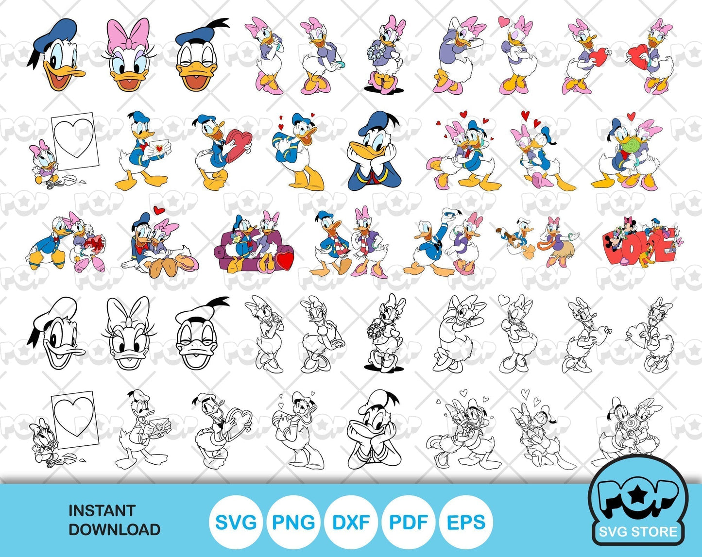 Donald and Daisy Duck Valentine Day clipart bundle, Daisy Duck Valentines Day SVG cut files for Cricut / Silhouette