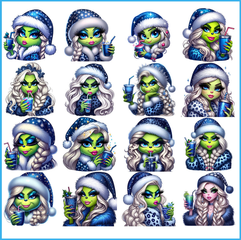 Boujee blue Grinch girl png bundle, cute grinchmas png bundle