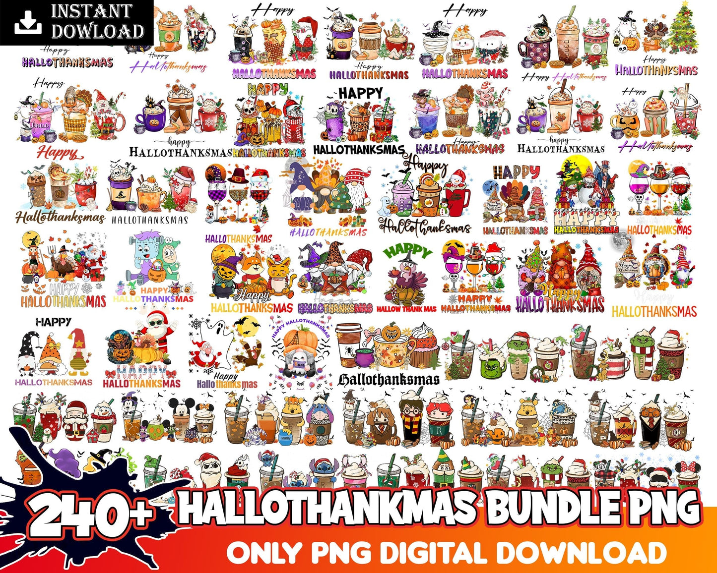 240+ Hallothanksmas Coffee PNG, Disney Christmas coffee PNG, Christmas princess cafe 2022 digital bundle, Halloween designs bundle, Digital files