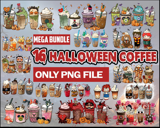 16 Halloween coffee PNG bundle, Halloween coffee digital bundle, Halloween designs bundle in PNG formats, Digital files