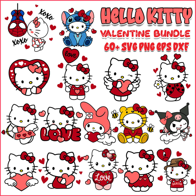 Hello Kitty Valentine Svg Bundle, Hello Kitty Valentine Day Cliparts, Silhouette Vector Cut Files