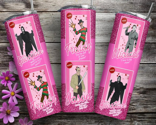 Horror Characters 20oz Tumbler Wrap Png, Halloween PNG, Pink Doll PNG