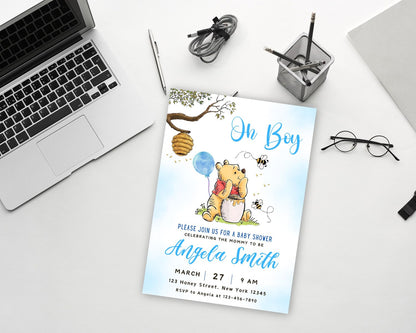 Editable Winnie the Pooh Baby Shower Invitation, Digital Invitation Oh Boy, Blue Winnie The Pooh Invitation, Pooh Printable Template
