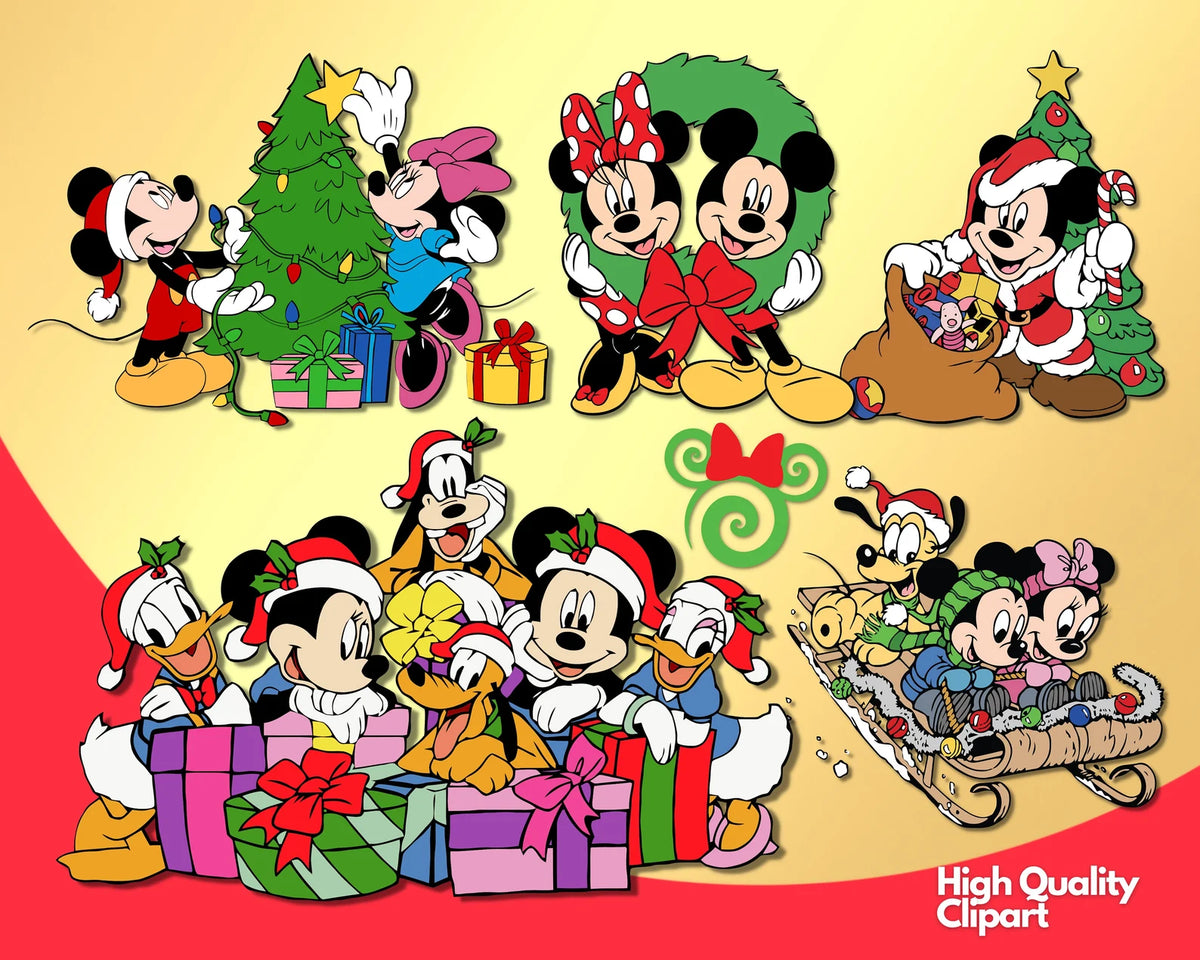 Disney Christmas Clipart Bundle, Mickey Mouse Christmas SVG Cut Files For Cricut / Silhouette, Mickey Christmas Party PNG