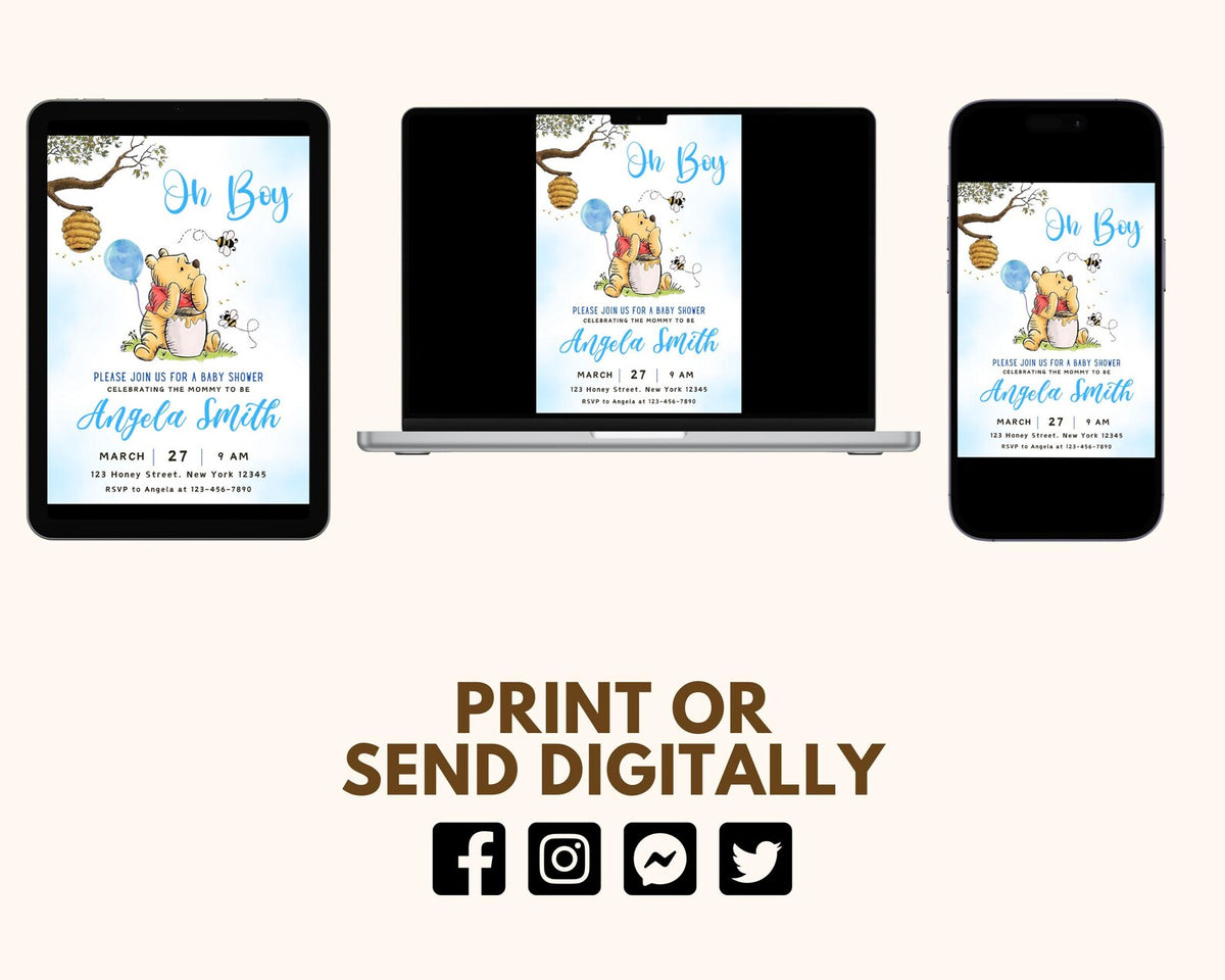 Editable Winnie the Pooh Baby Shower Invitation, Digital Invitation Oh Boy, Blue Winnie The Pooh Invitation, Pooh Printable Template