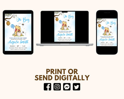 Editable Winnie the Pooh Baby Shower Invitation, Digital Invitation Oh Boy, Blue Winnie The Pooh Invitation, Pooh Printable Template