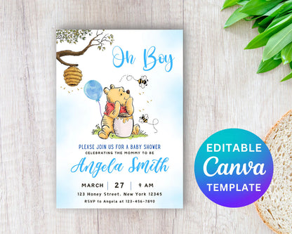 Editable Winnie the Pooh Baby Shower Invitation, Digital Invitation Oh Boy, Blue Winnie The Pooh Invitation, Pooh Printable Template