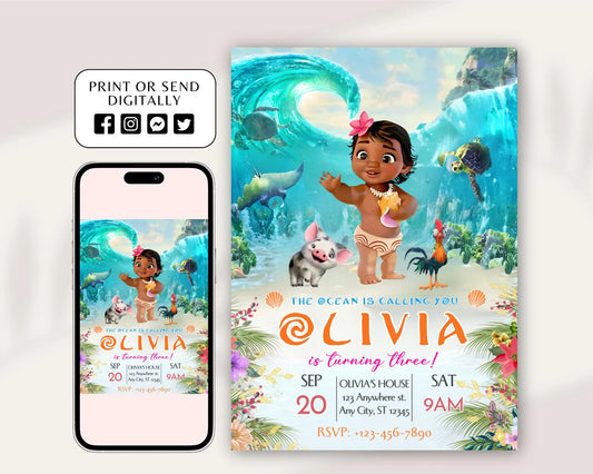 Baby Moana Birthday Invitation, Editable Digital Hawaiian Moana Birthday Invite, Kids Theme Party Invitation, Digital Baby Moana Template