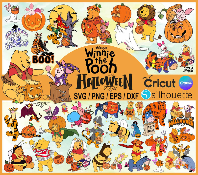 Winnie the Pooh Halloween SVG Bundle, Pooh and Friends Halloween SVG Cut Files For Cricut / Silhouette, Png Clipart Files