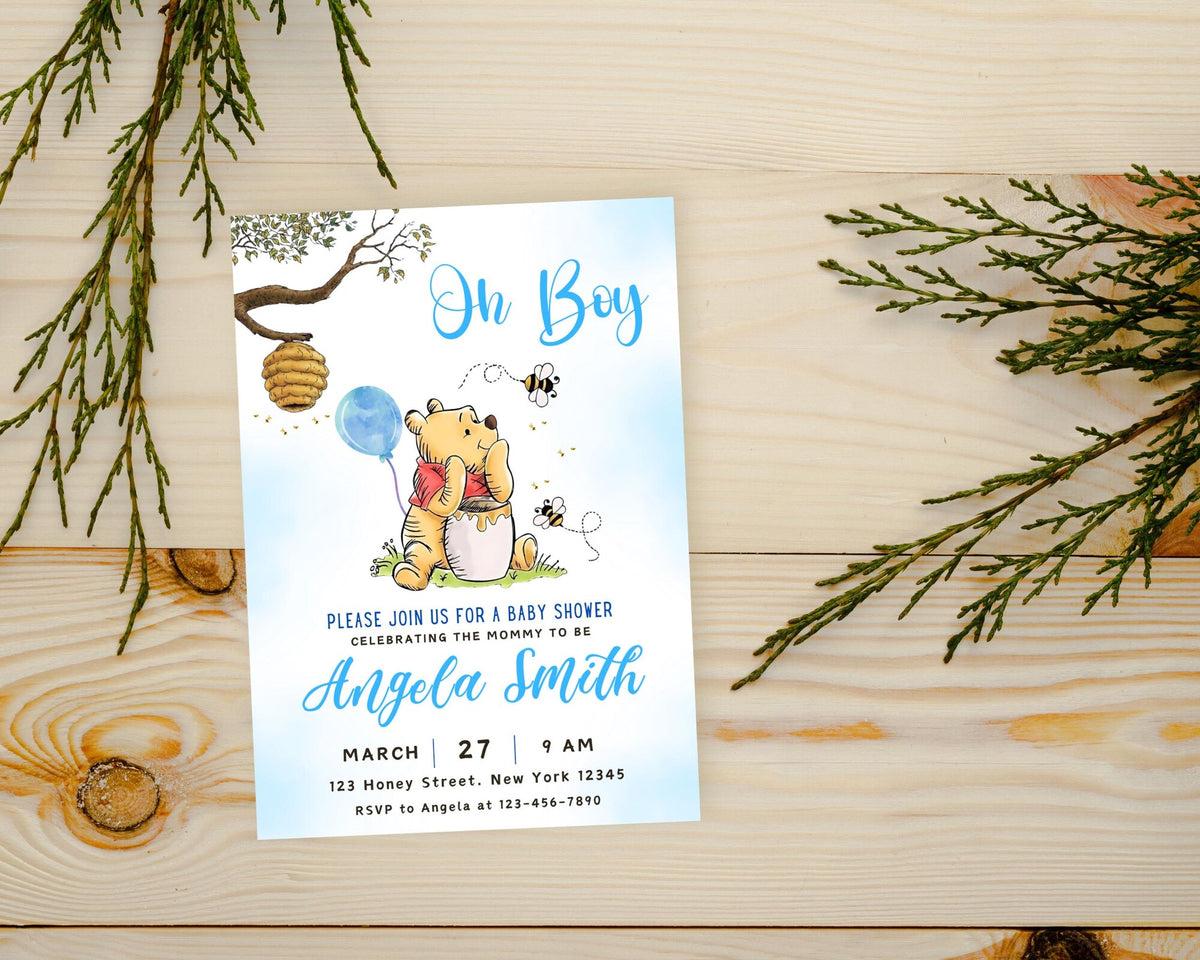 Editable Winnie the Pooh Baby Shower Invitation, Digital Invitation Oh Boy, Blue Winnie The Pooh Invitation, Pooh Printable Template