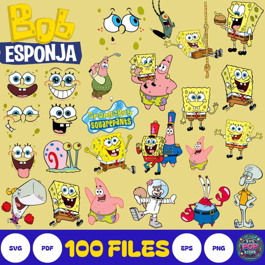 Spongebob Squarepants SVG Bundle, Spongebob Clipart Spongebob Birthday Banner SVG for Cricut, Silhouette Cut Files Digital Bundle