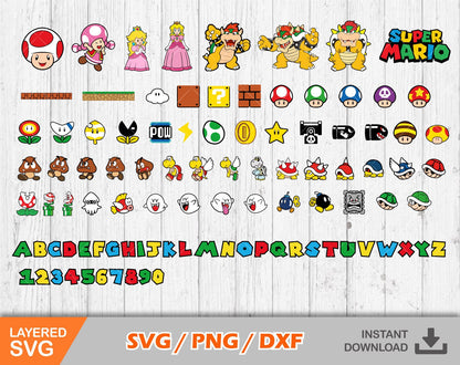 Mario clipart bundle + alphabet, Mario svg cut files for Cricut / Silhouette, png, dxf, instant download