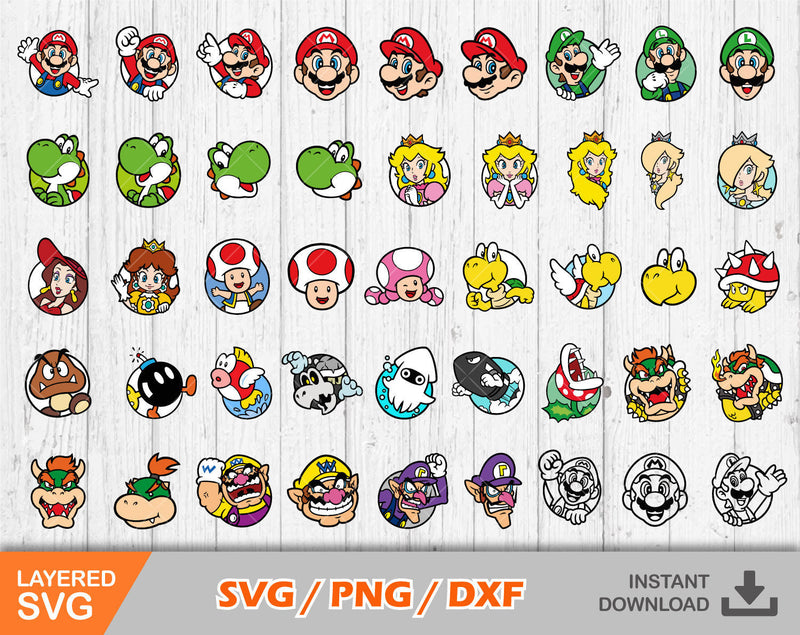 Mario Icons clipart set, Mario svg cut files for Cricut / Silhouette, png, dxf, Super mario clip art, Mario characters vector clipart