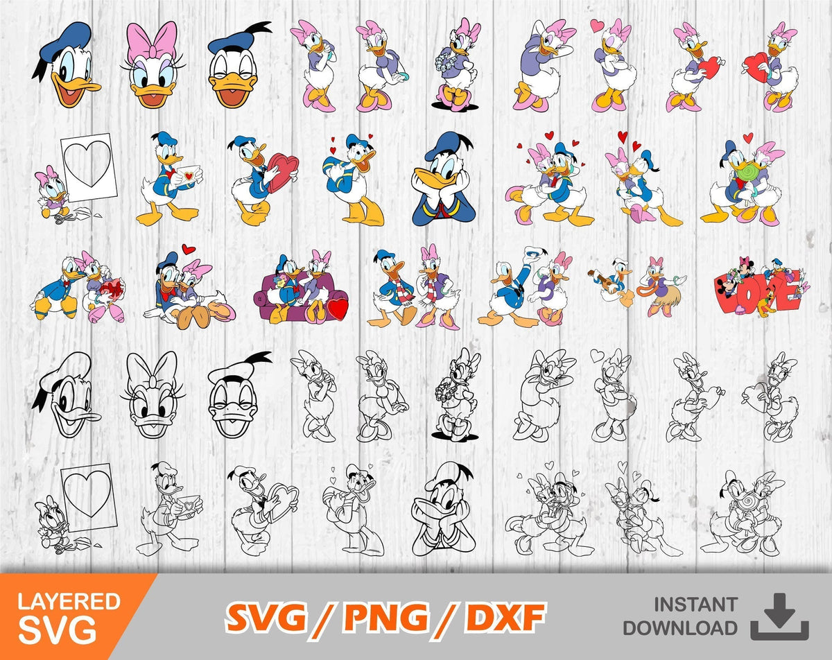Donald and Daisy Valentine's Day Svg, Donald and Daisy Valentines Day Clipart Set