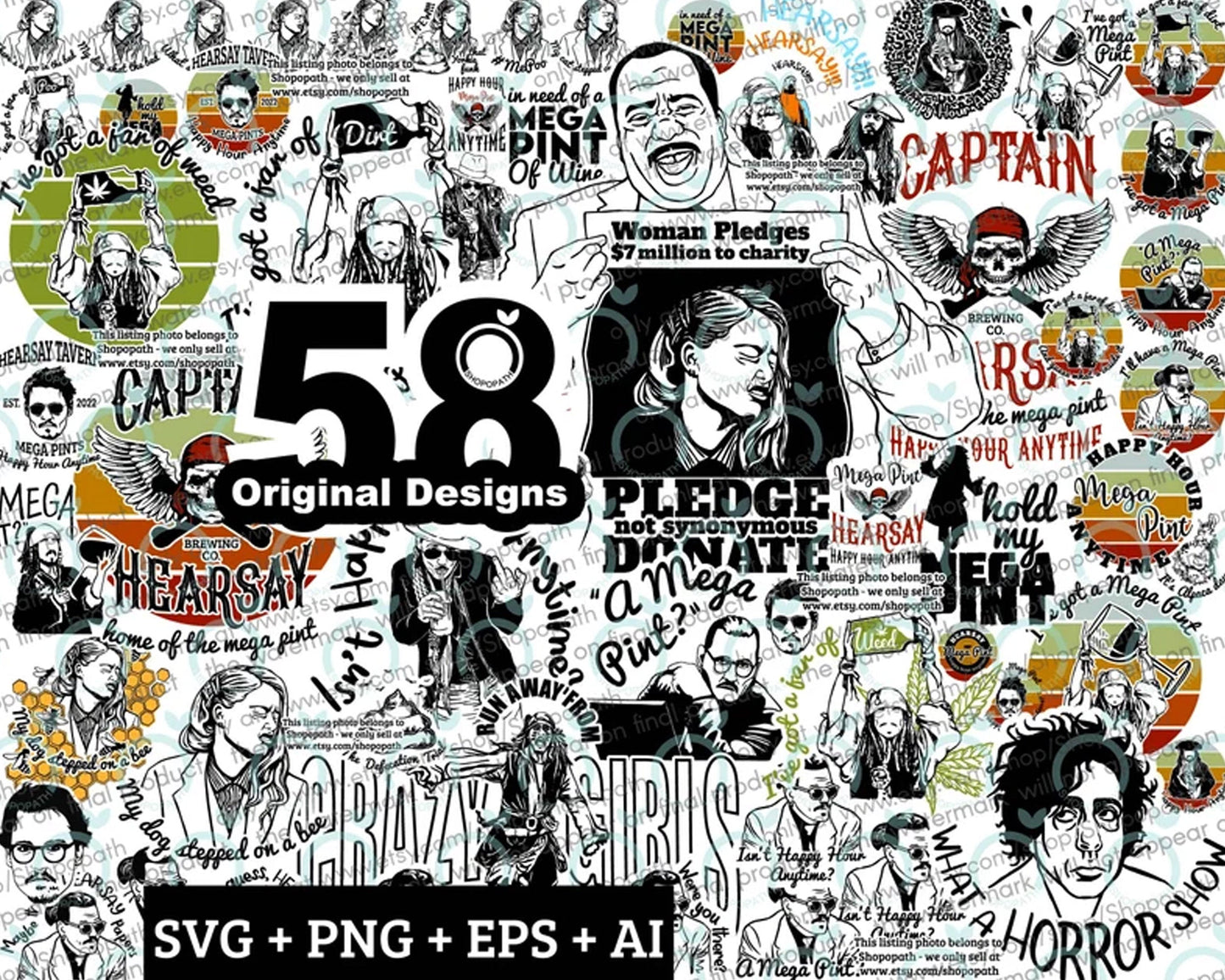 Johnny Depp Trial Svg, 58 Designs Justice for Johnny svg, Mega Pint, Hearsay svg, Jar of Dirt svg, Cricut bundle, Dog Stepped On A Bee svg