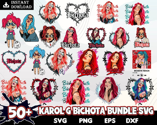 50+ Bundle bad bunny layered svg, Karol G red hair png Karol G Bichota singer svg files, Digital download