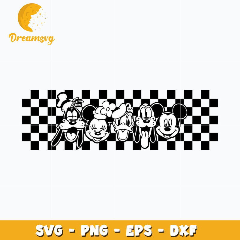 mickey and friends head black white design svg