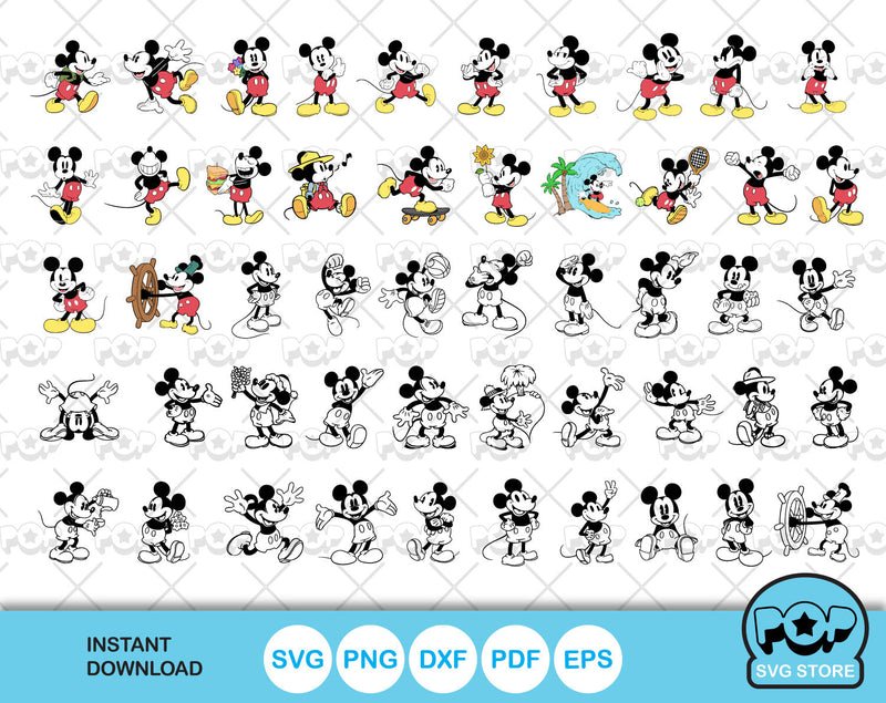 Classic Mickey Mouse 100 cliparts bundle, Mickey svg cut files for Cricut / Silhouette, Mickey Mouse png, dxf