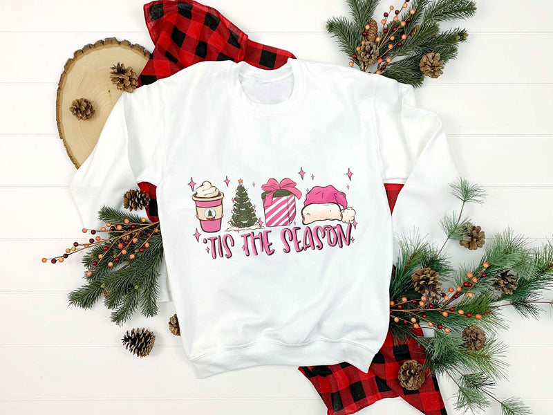 Tis The Season PNG, Cups Coffee Christmas Tree Gift Santa Hat PNG.