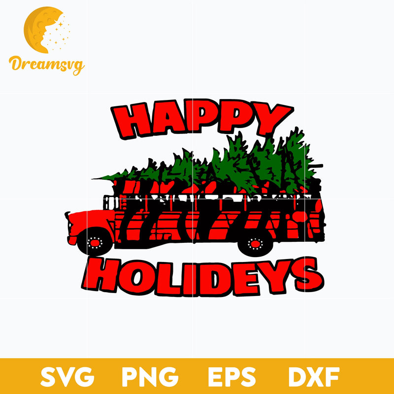 Happy Holideys Red Bus With Christmas Tree SVG, Christmas SVG, PNG DXF EPS Digital File.