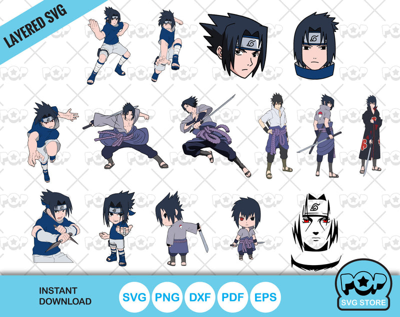 Naruto Cliparts - Sasuke Uchiha Clipart Set, Sasuke SVG cut files for Cricut / Silhouette, SVG, PNG, DXF, instant download