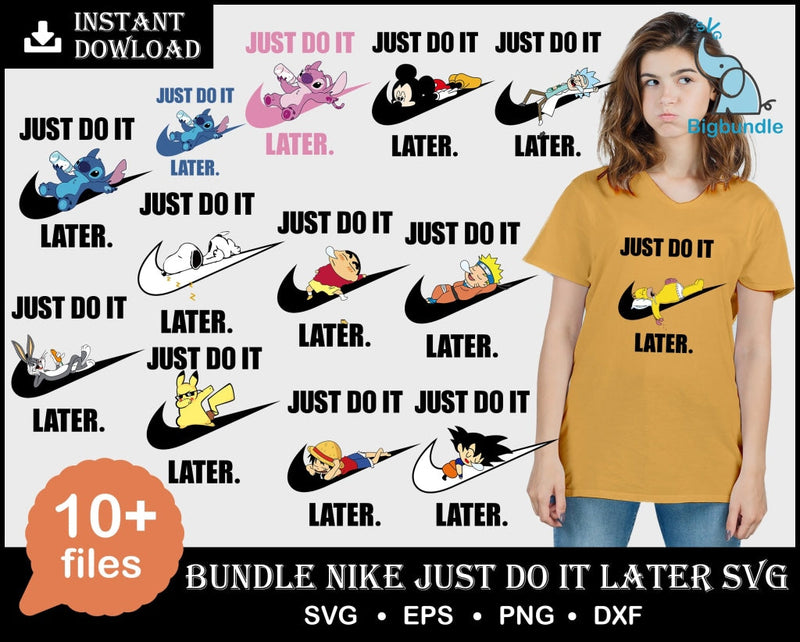 Nike Just Do It Later Lilo & Stitch, Looney Tunes, The Simpsons, Snoopy, Pokemon Pikachu, Ricky and Morty