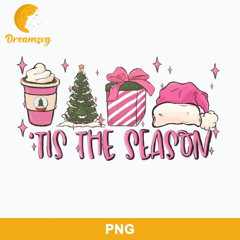 Tis The Season PNG, Cups Coffee Christmas Tree Gift Santa Hat PNG.