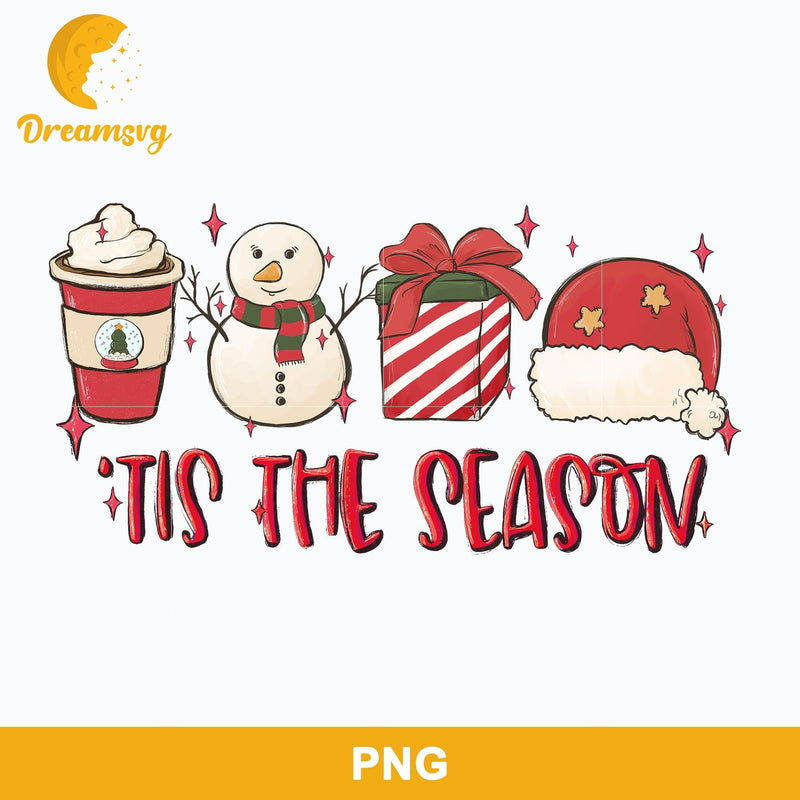 Tis The Season Christmas PNG, Cups Coffee Snowman Santa Hat PNG.