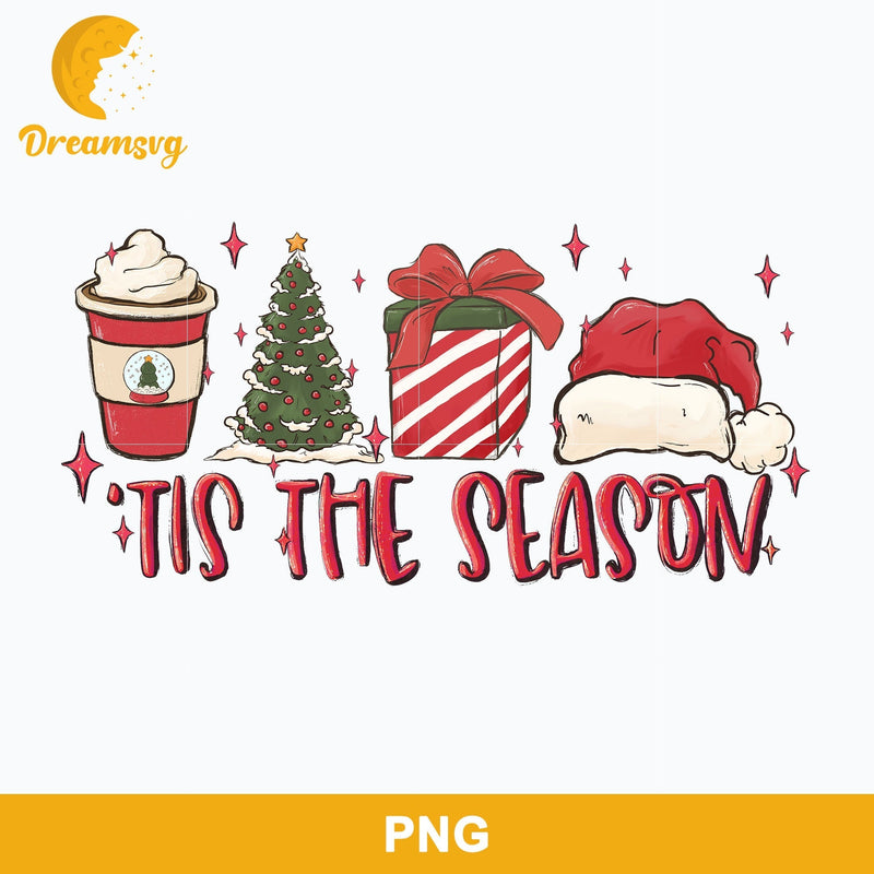 Tis The Season PNG, Coffee Cups Christmas Tree Gift Santa Hat Christmas PNG.