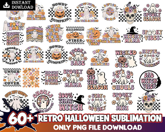 60+ Retro halloween bundle, Christmas digital bundle, Designs bundle in PNG formats.