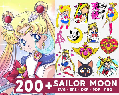 Sailor Moon Clipart Bundle, Sailor Moon PNG & SVG Cut Files for Cricut, Sailor Moon Silhouette Vector Cut Files
