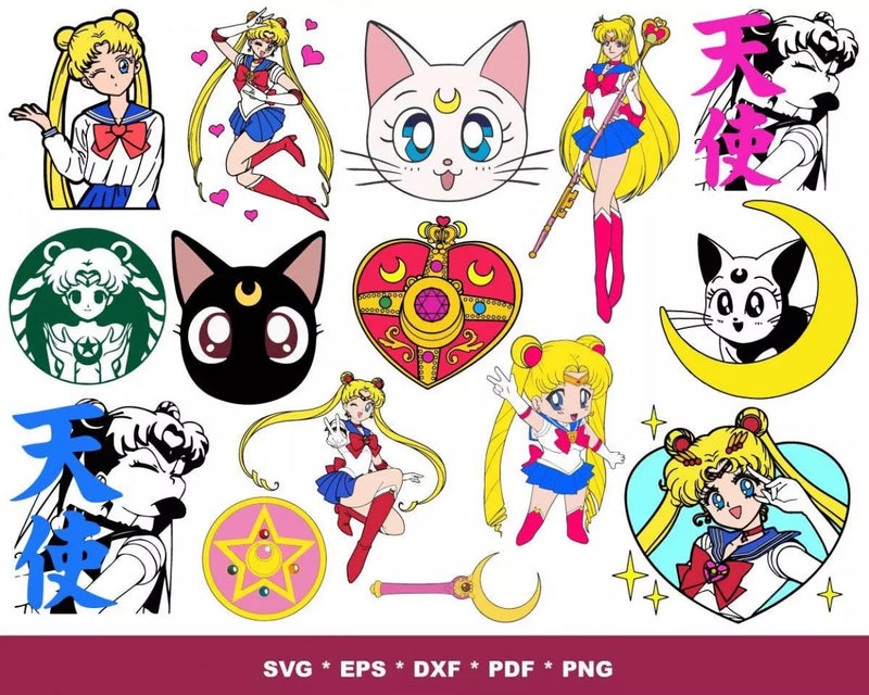 Sailor Moon Clipart Bundle, Sailor Moon PNG & SVG Cut Files for Cricut, Sailor Moon Silhouette Vector Cut Files