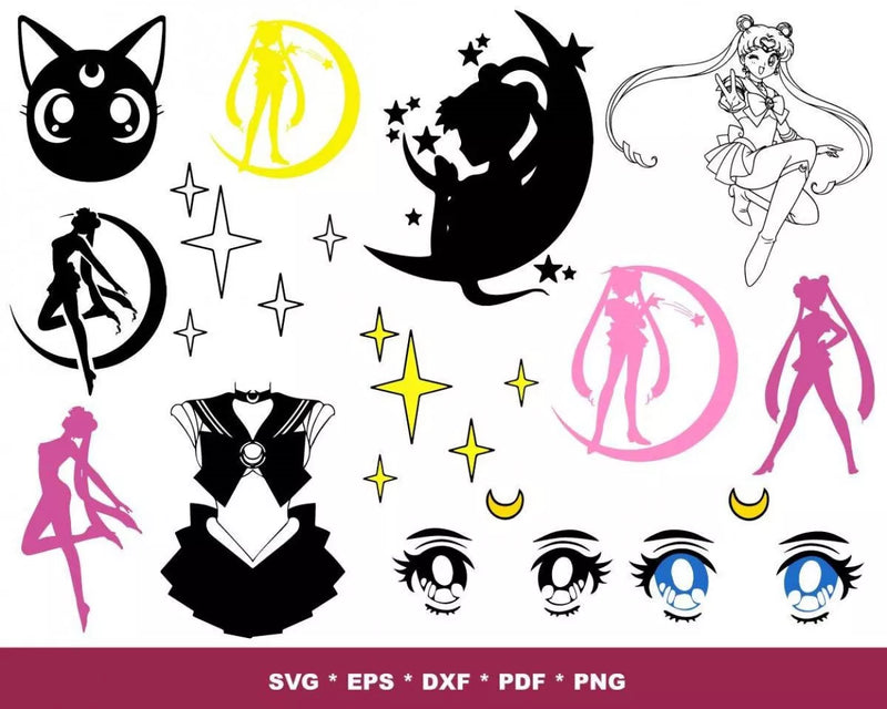 Sailor Moon Clipart Bundle, Sailor Moon PNG & SVG Cut Files for Cricut, Sailor Moon Silhouette Vector Cut Files