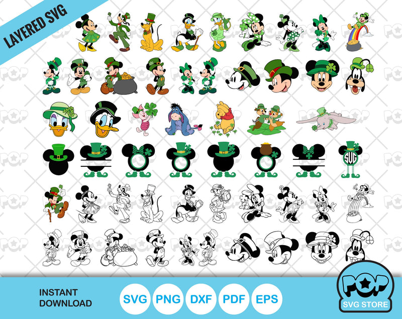 Disney Saint Patricks Day 55 cliparts bundle, Mickey St. Patrick's Day svg cut files for Cricut / Silhouette, png, dxf