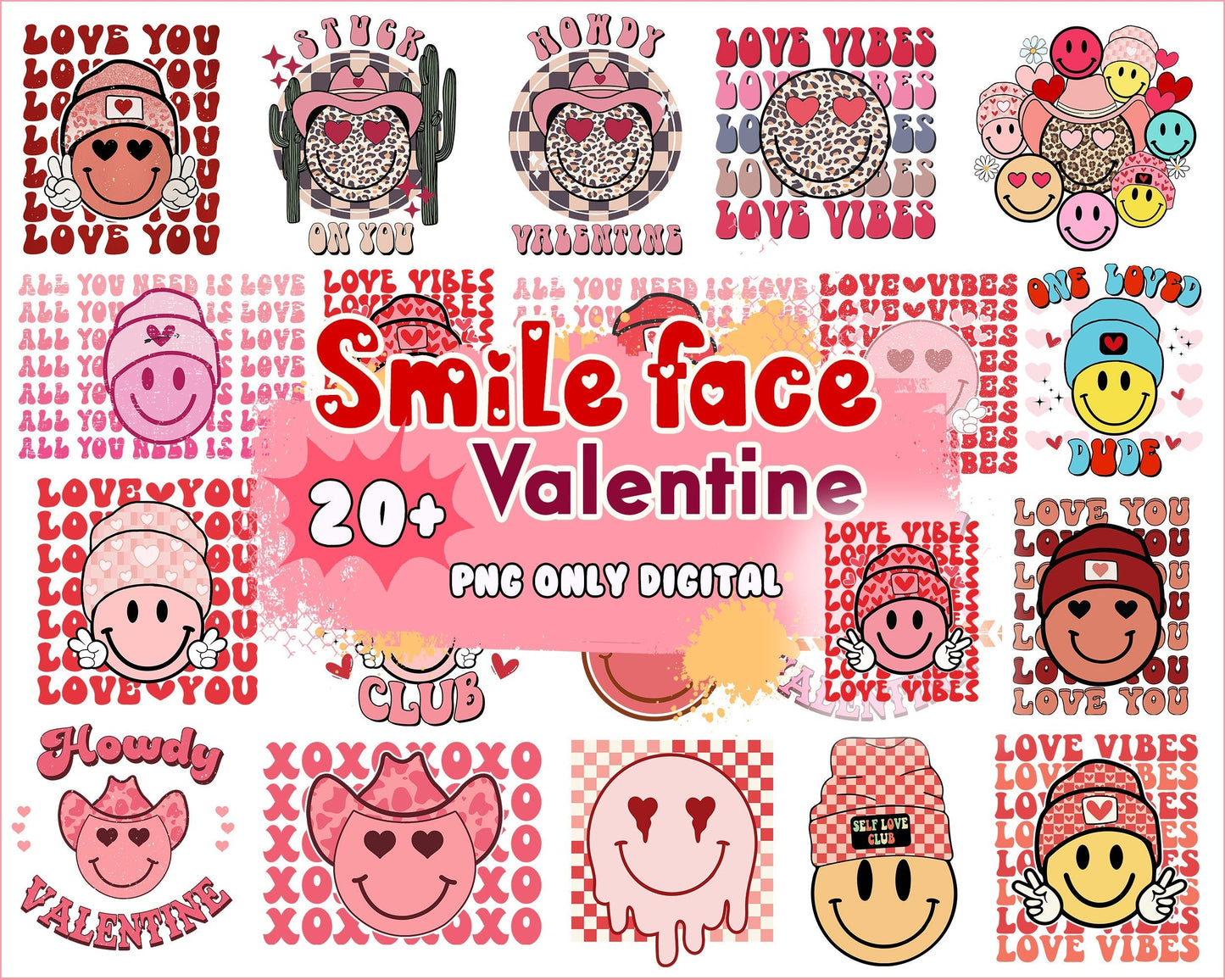 Version 2 - 20+ Smile face bundle, Valentine's day PNG, Valentine sublimation Design Digital Download