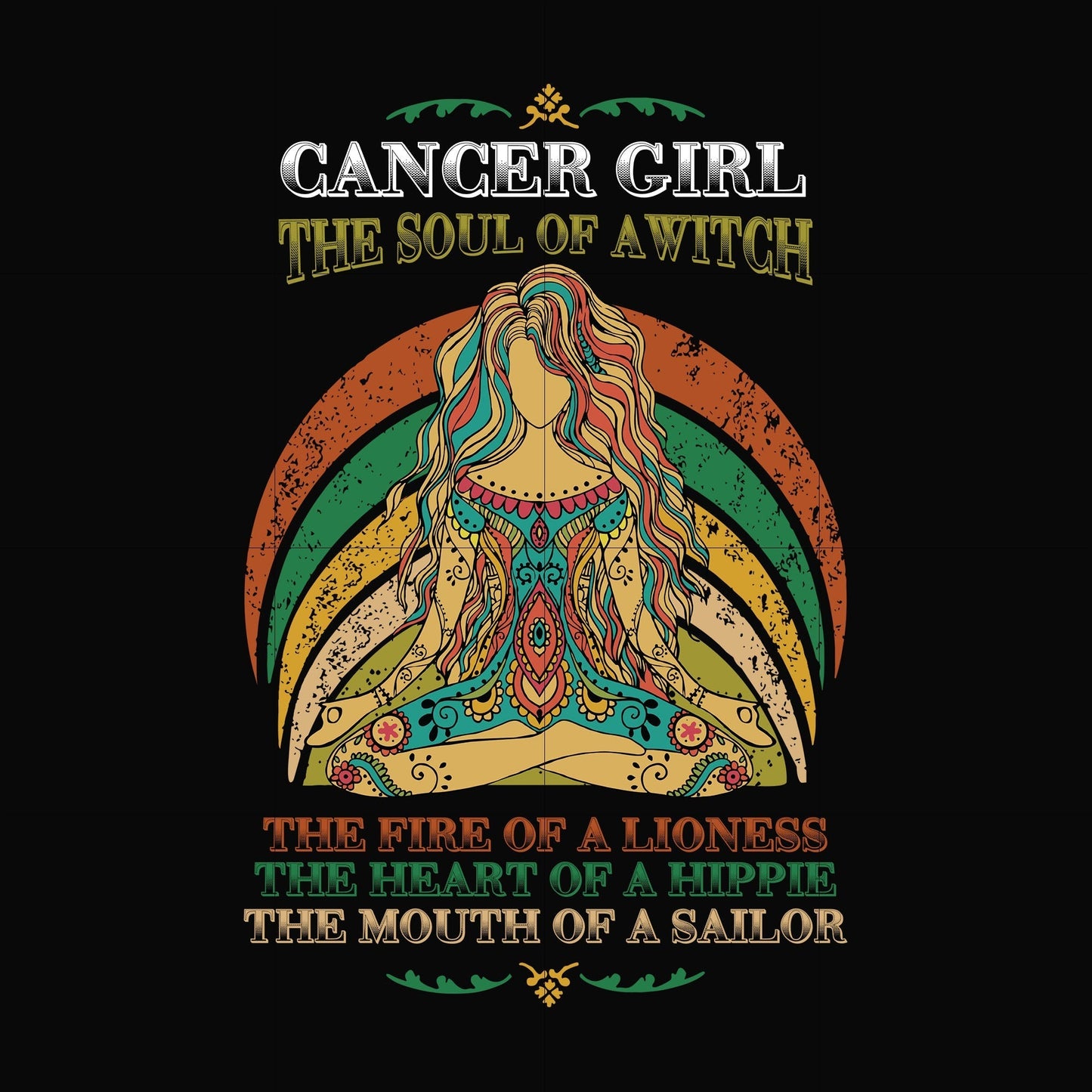 Cancer girl the soul of a witch svg, the fire of a lioness, the heart of a hippie, the mouth of a sailor svg, png, dxf, eps digital file NBD0035