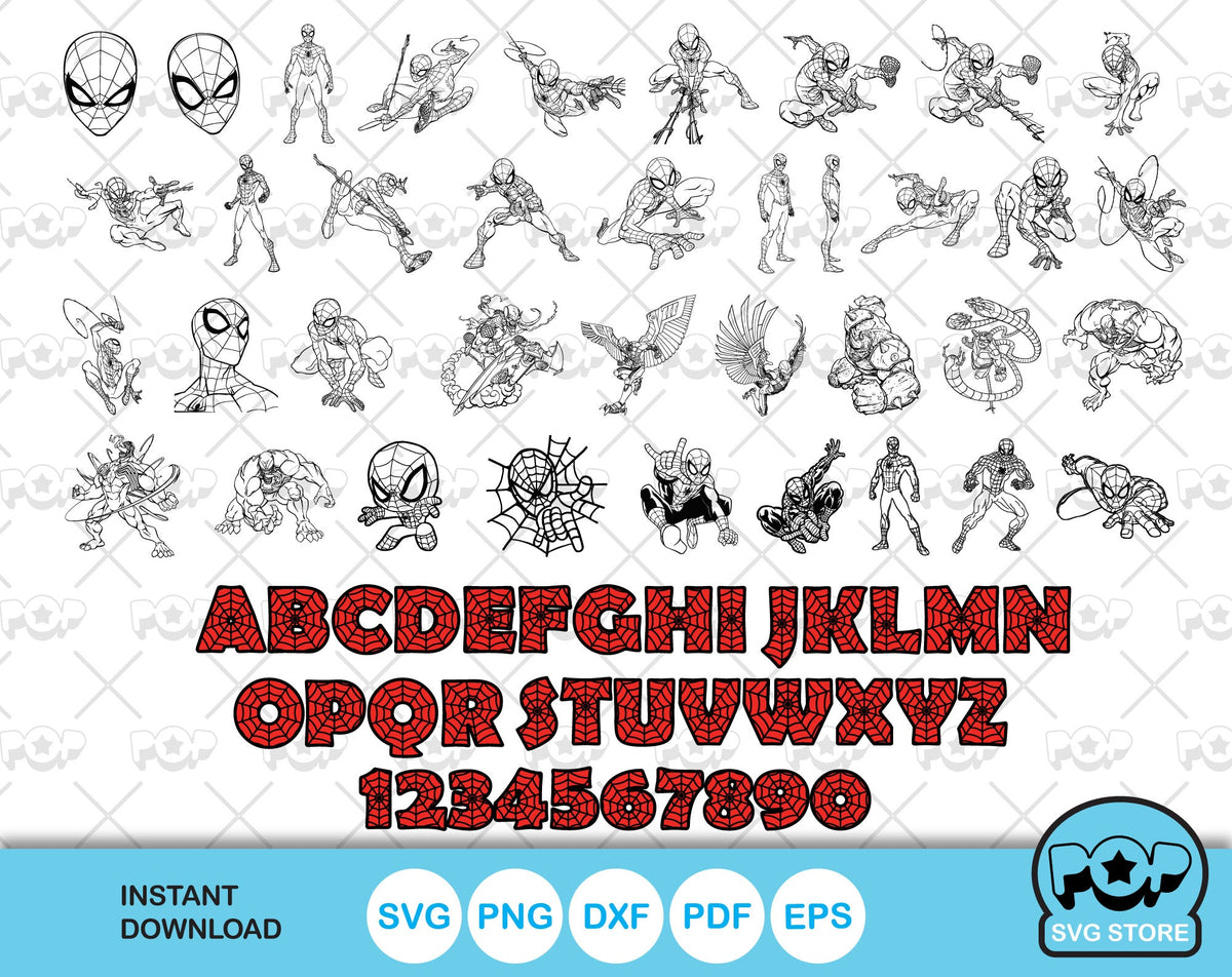 Spider-Man 100 cliparts bundle + alphabet, Spiderman SVG cut files for Cricut / Silhouette, Superhero Spider-man PNG