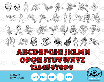 Spider-Man 100 cliparts bundle + alphabet, Spiderman SVG cut files for Cricut / Silhouette, Superhero Spider-man PNG