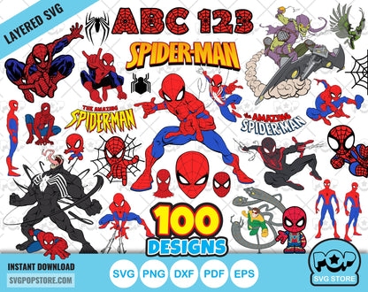 Spider-Man 100 cliparts bundle + alphabet, Spiderman SVG cut files for Cricut / Silhouette, Superhero Spider-man PNG