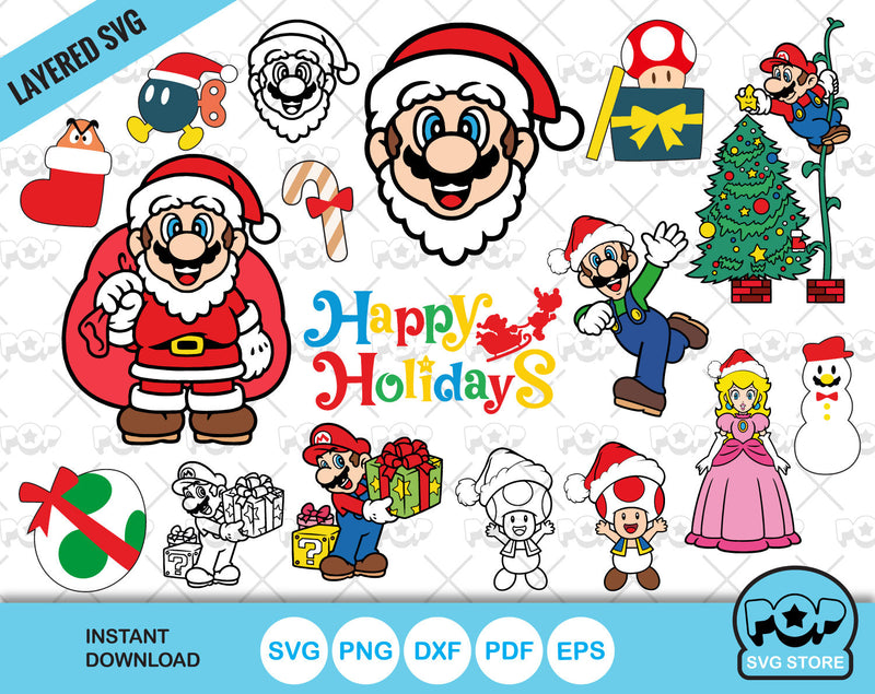 Super Mario Christmas clipart bundle, Mario Christmas SVG cut files for Cricut / Silhouette, PNG, DXF, instant download