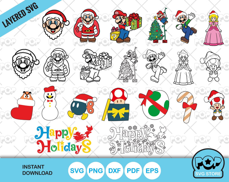 Super Mario Christmas clipart bundle, Mario Christmas SVG cut files for Cricut / Silhouette, PNG, DXF, instant download