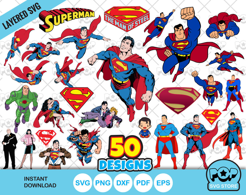 Superman 50 cliparts bundle, Superman SVG cut files for Cricut / Silhouette, PNG, DXF, instant download