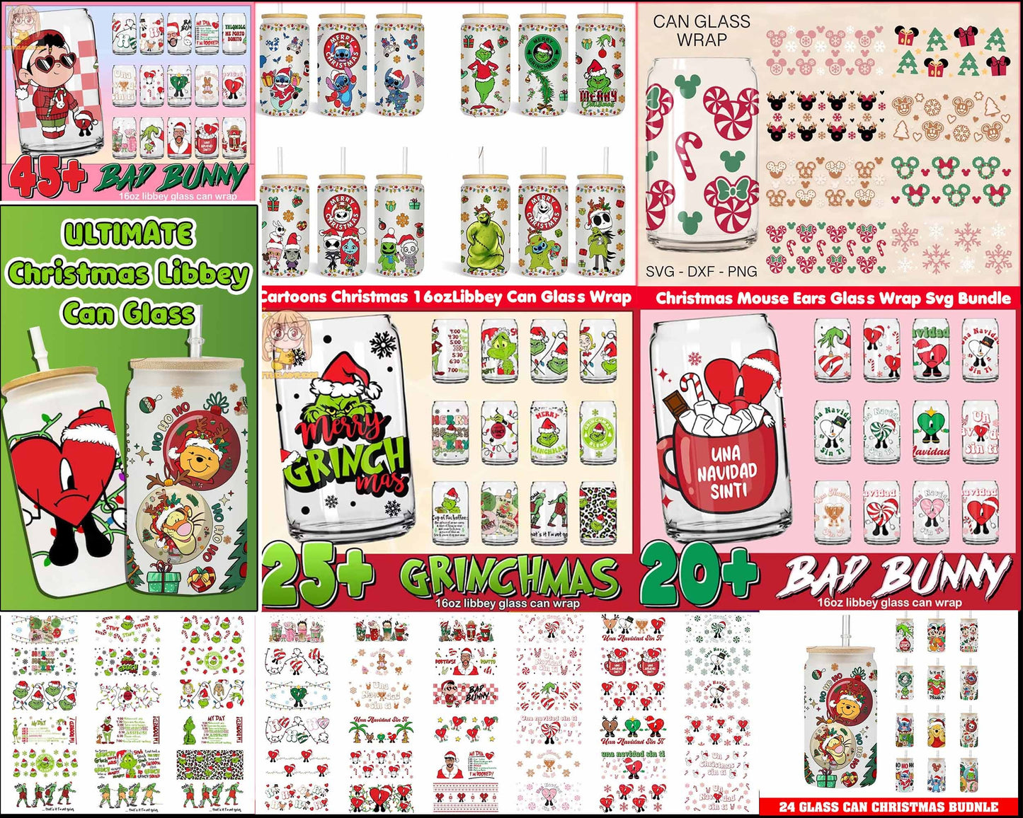 Ultimate Christmas Glass Can, Cartoon, Bad bunny PNG bundle, Christmas 16oz skinny tumbler bundle