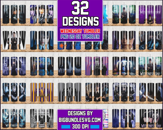 32 Wednesday Addams Skinny Tumbler 20oz Sublimation Wrap, Netflix series bundle, Digital Download