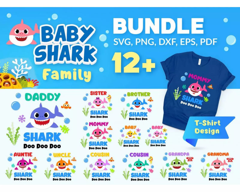 Baby Shark Family FUN PNG & SVG Files for Cricut and Silhouette, Clipart & Cut Files