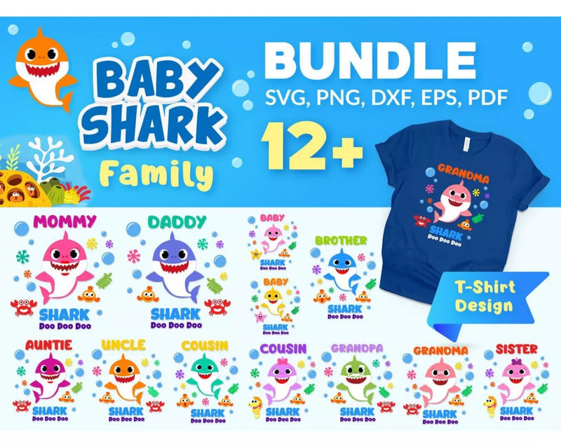 Baby Shark Family PNG & SVG Files for Cricut and Silhouette, Baby Shark Clipart