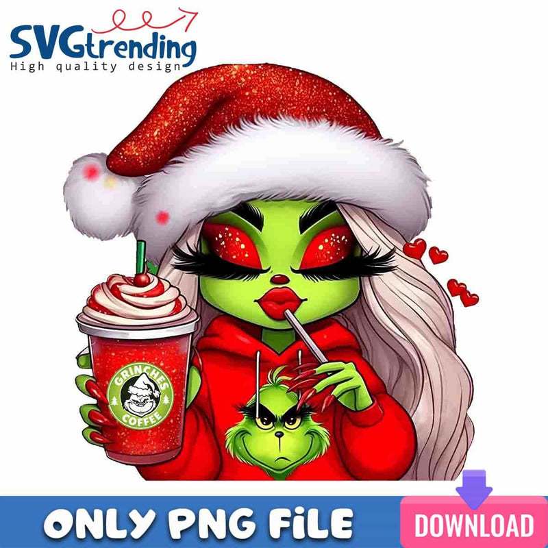 Red Glitter Grinch PNG Christmas Coffee PNG Instant Download