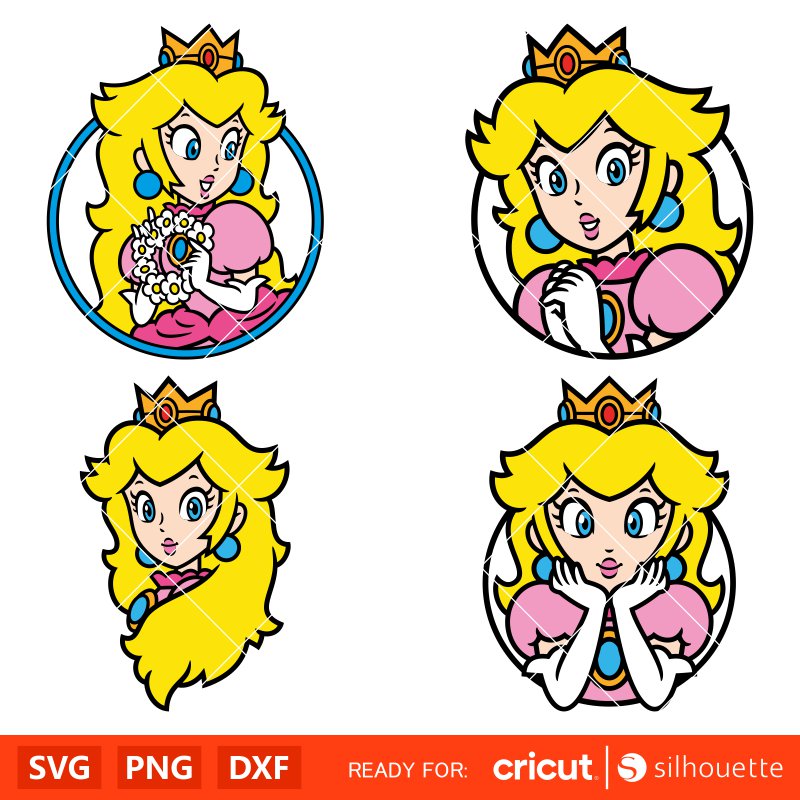 Princess Peach Face Bundle Svg, Mario Characters Svg, Super Mario Svg, Mario Bros Svg, Cricut, Silhouette Vector Cut File