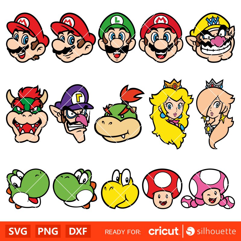 Super Mario Heads Bundle Svg, Mario Characters Svg, Super Mario Svg, Mario Bros Svg, Cricut, Silhouette Vector Cut File